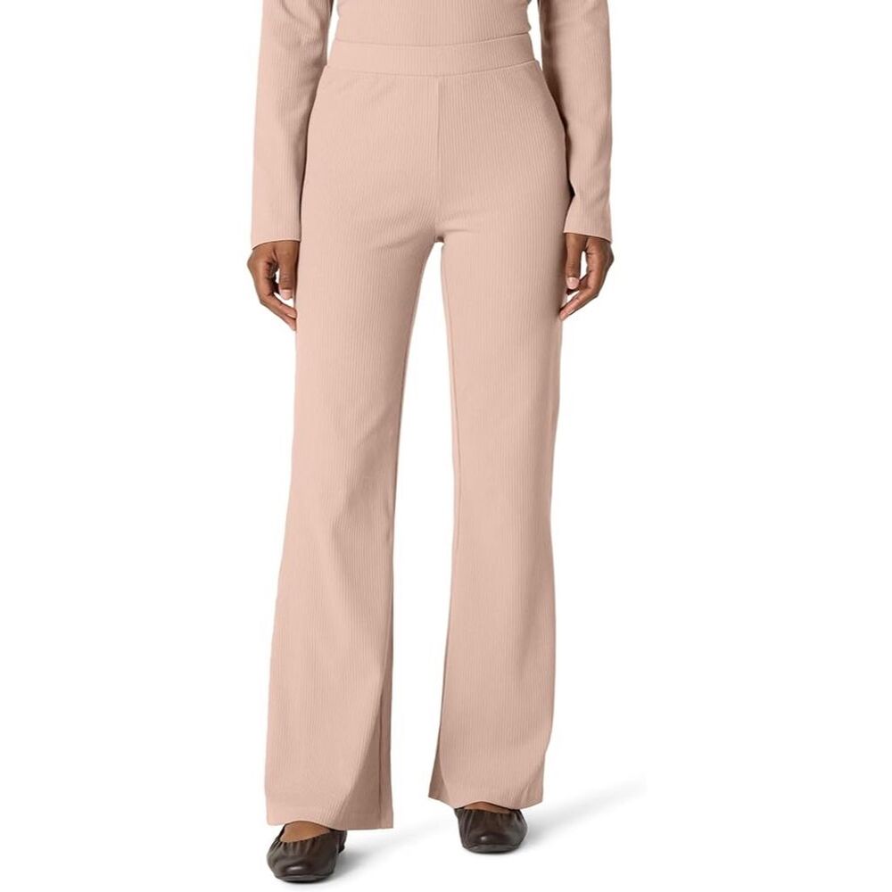 The Drop Women's Flared Ribbed Knit Pull-On Pants in Warm Taupe